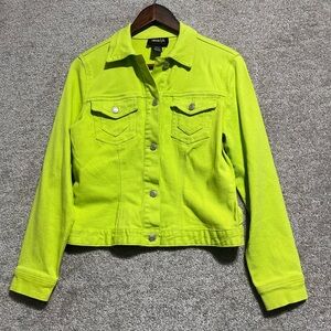 Metro Style Woman’s Lime Green Stretch Denim Jacket Button Down Size 6 *flaw